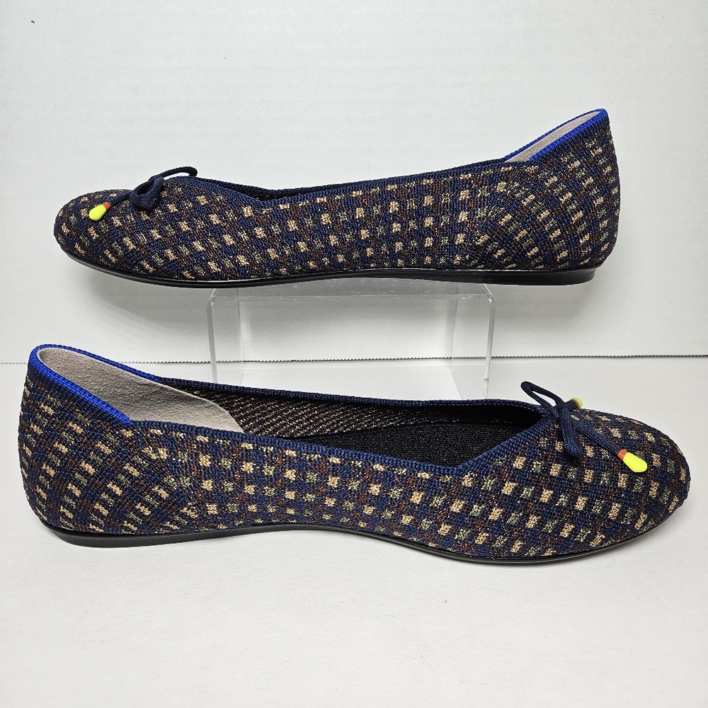 Rothy's The Bow Flat Evening Metallic Women's Sz 7.5 Ballet Plaid Navy Gold - Picture 7 of 12